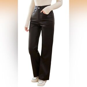 High-Rise Straight Leg Faux Leather Pants - Black